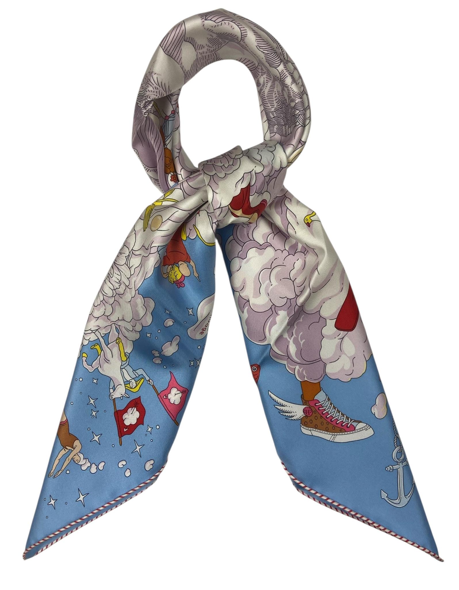 Blu Hermes NUOVO Sciarpa in seta Bleu Ciel/ Parme/ Jaune Sur Mon Nuage 90cm in vendita