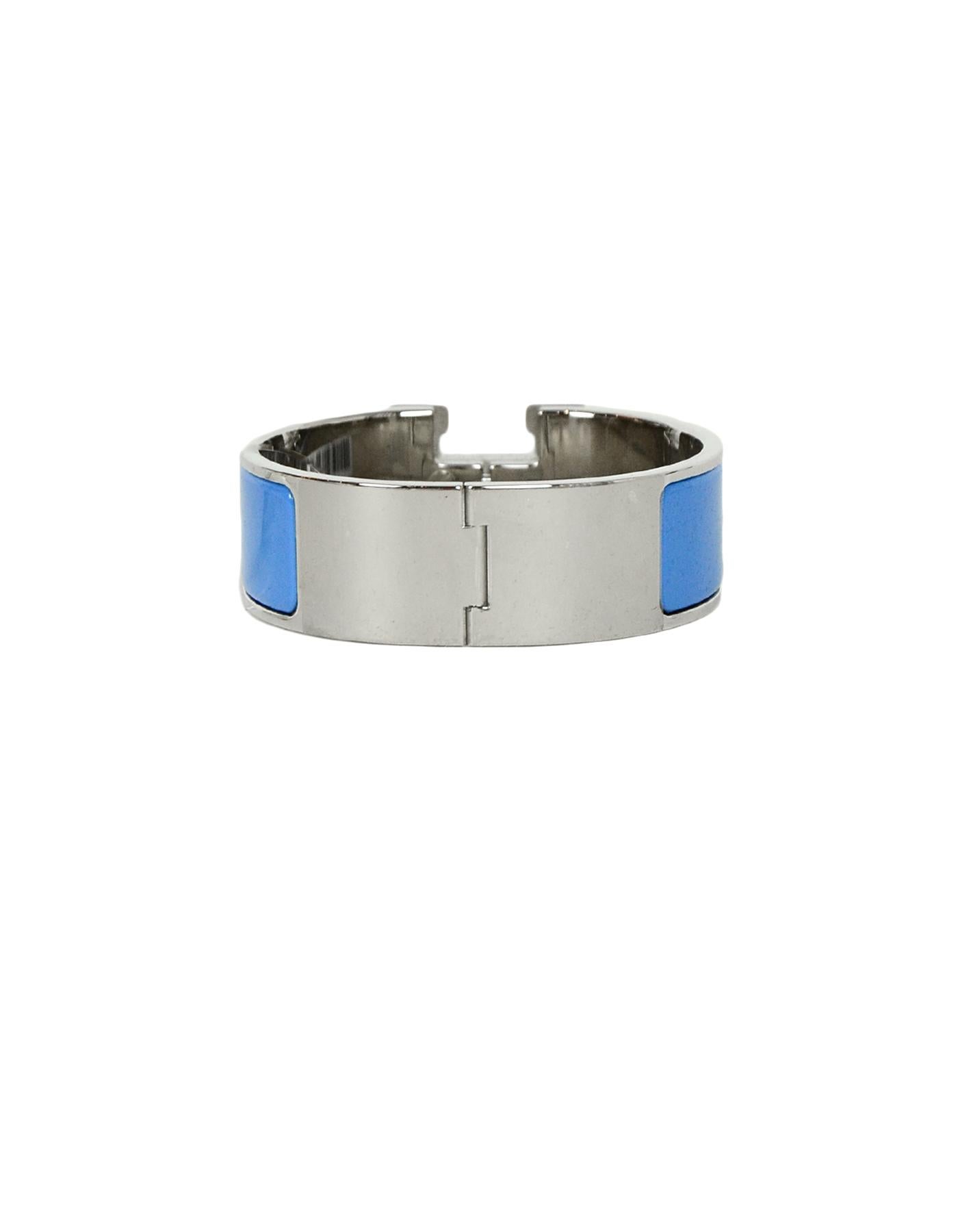 Hermes NEW Bleu Cielo/Palladium Wide Enamel H Clic Clac Bracelet sz PM In Excellent Condition In New York, NY