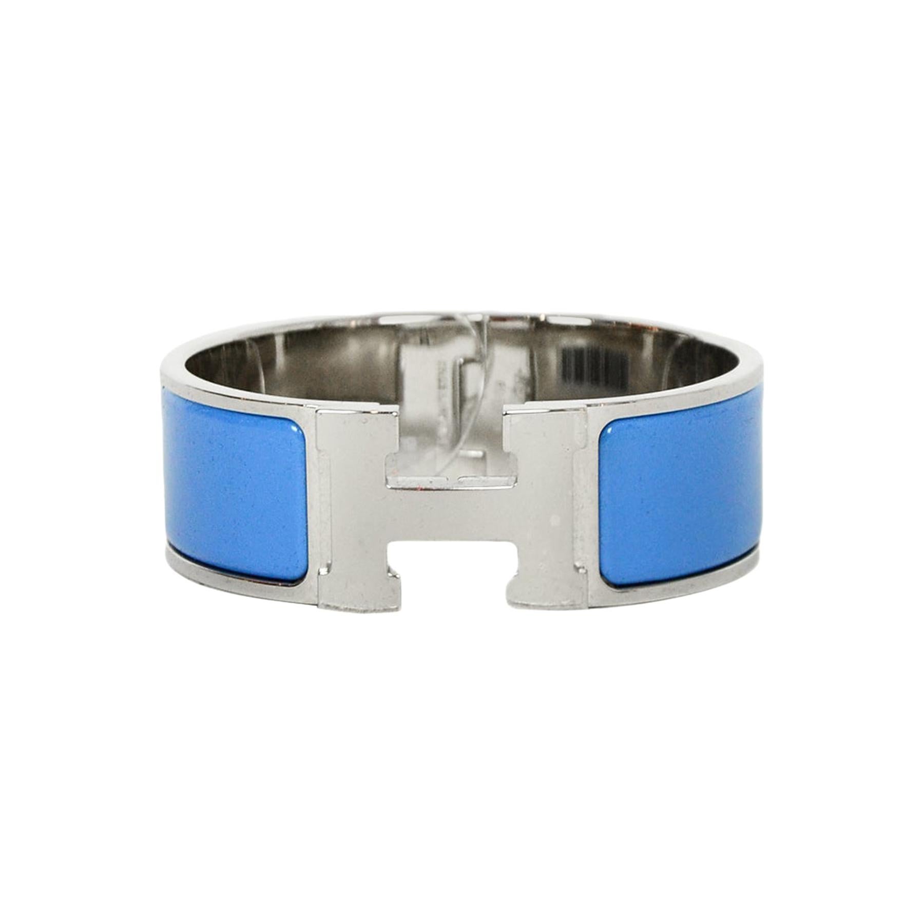 Hermes NEW Bleu Cielo/Palladium Wide Enamel H Clic Clac Bracelet sz PM