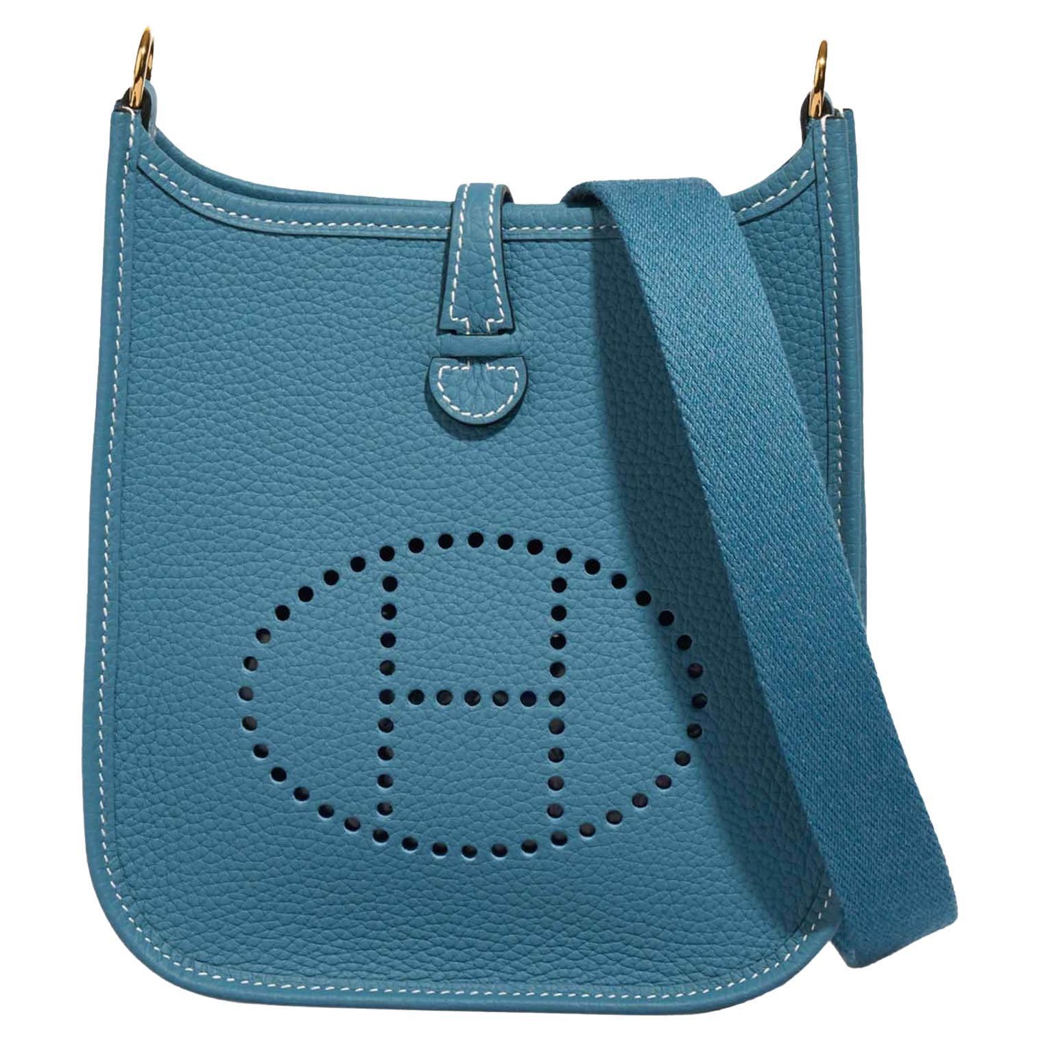 HERMES New Bleu Jean blue Clemence leather EVELYNE 16 Bag For Sale