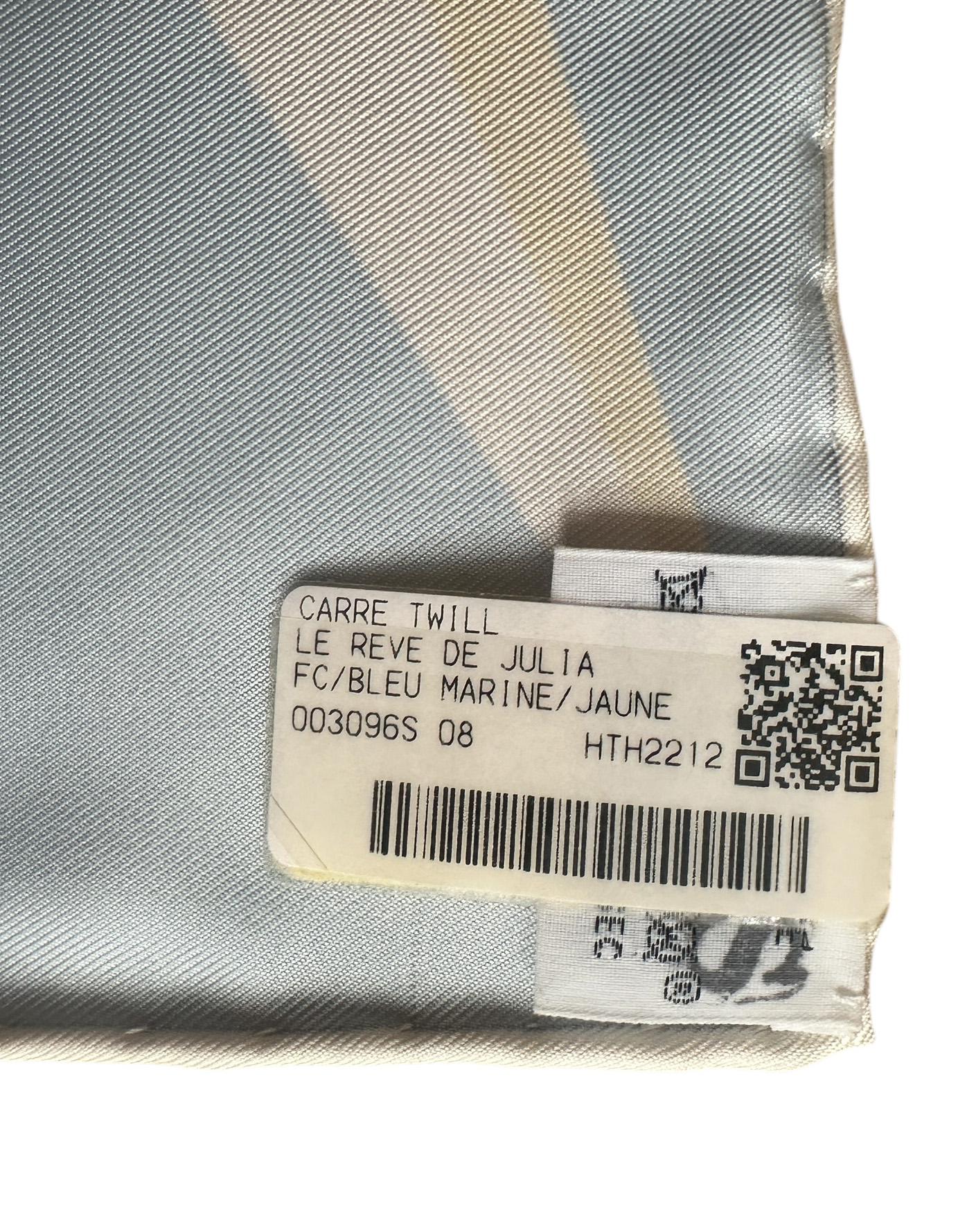 Hermes NUOVO Bleu Marin/ Jaune Vif Le Reve de Julia Sciarpa di seta 90cm in vendita 3