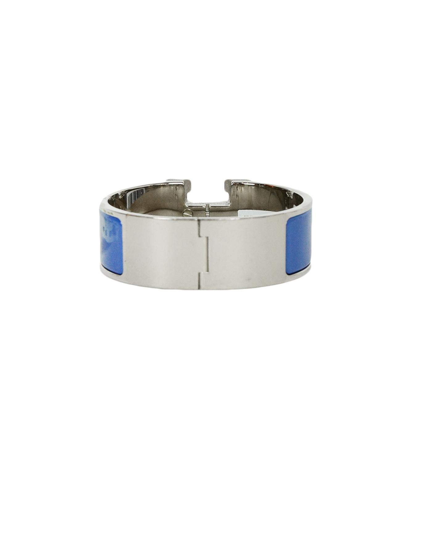 Hermes NEW Bleu Turquin/Palladium Wide Enamel H Clic Clac Bracelet sz PM In Excellent Condition In New York, NY