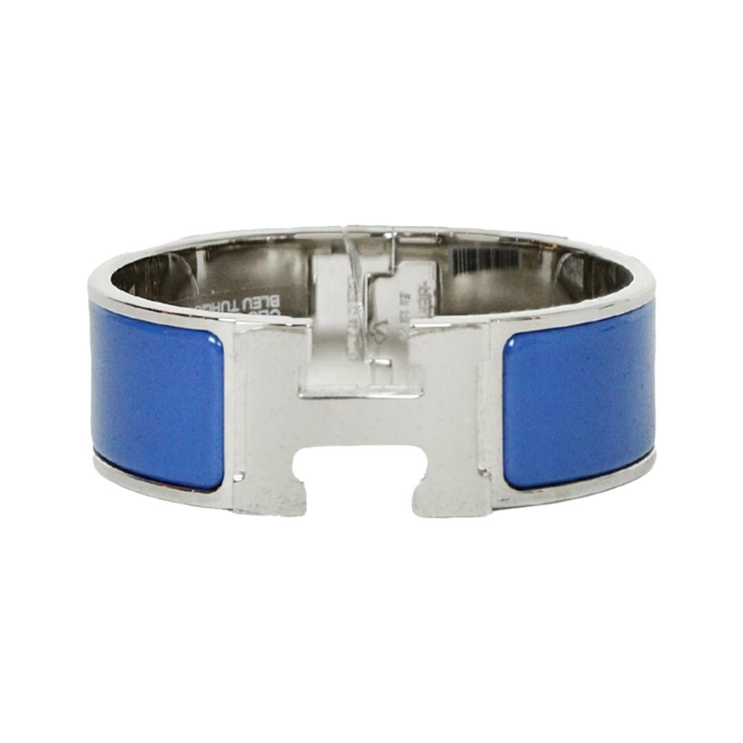 Hermes NEW Bleu Turquin/Palladium Wide Enamel H Clic Clac Bracelet sz PM