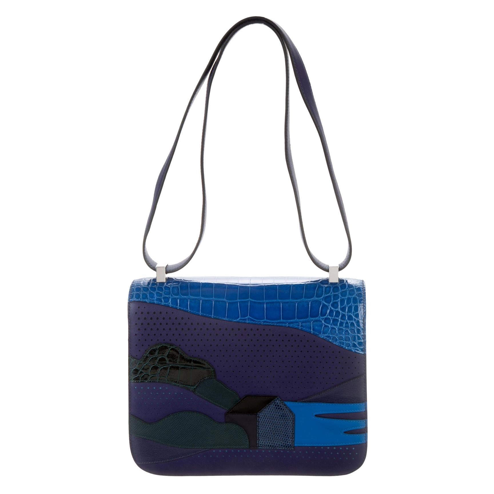 Hermes NEW Blue Crocodile Lizard Exotic 'H' Logo Shoulder Flap Bag in Box