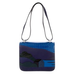 Hermes NEW Blue Crocodile Lizard Exotic 'H' Logo Shoulder Flap Bag in Box