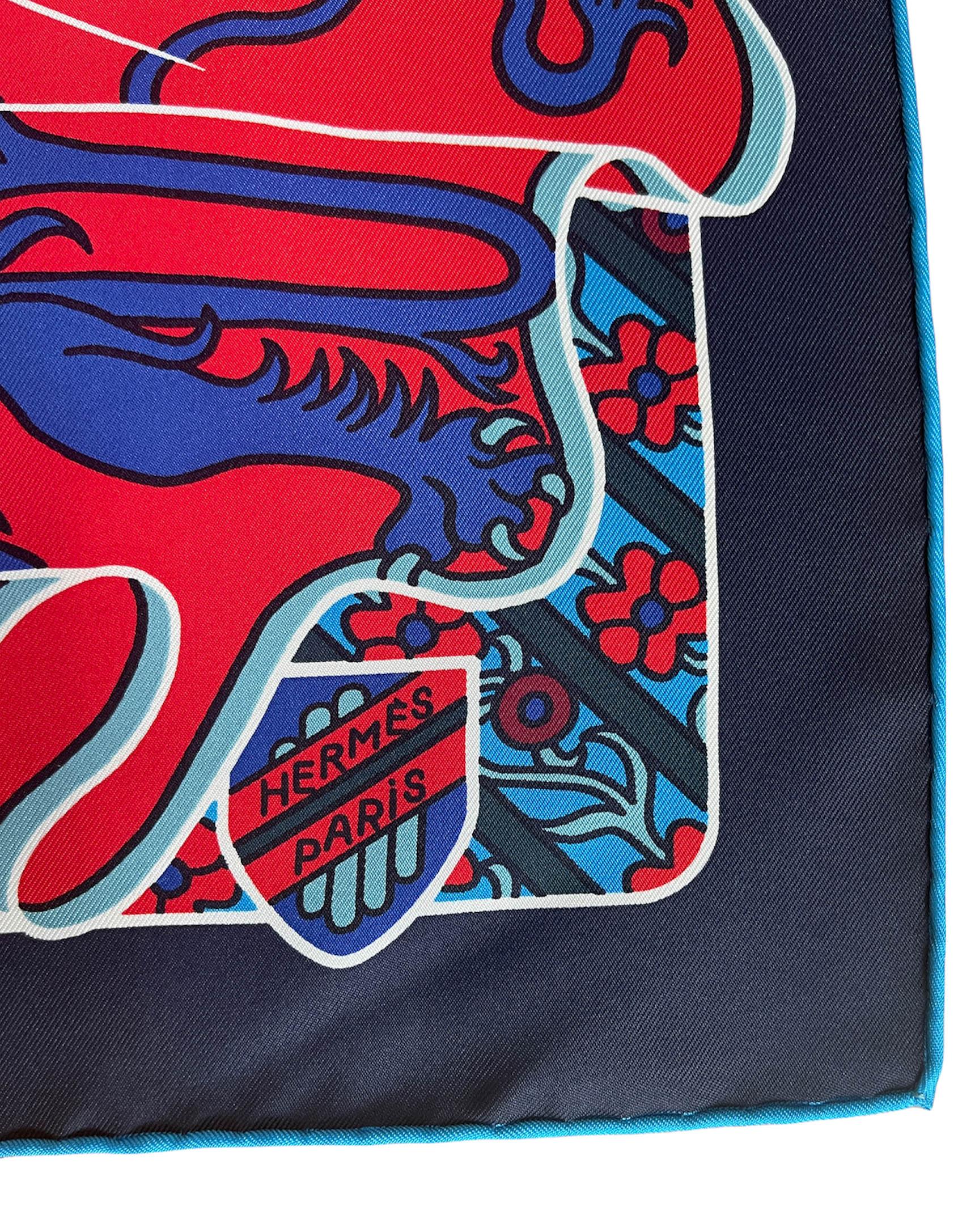 Hermes NEW Blue Marine/ Rouge Duels Oniriques 90cm Silk Scarf by Pierre Marie In Excellent Condition In New York, NY