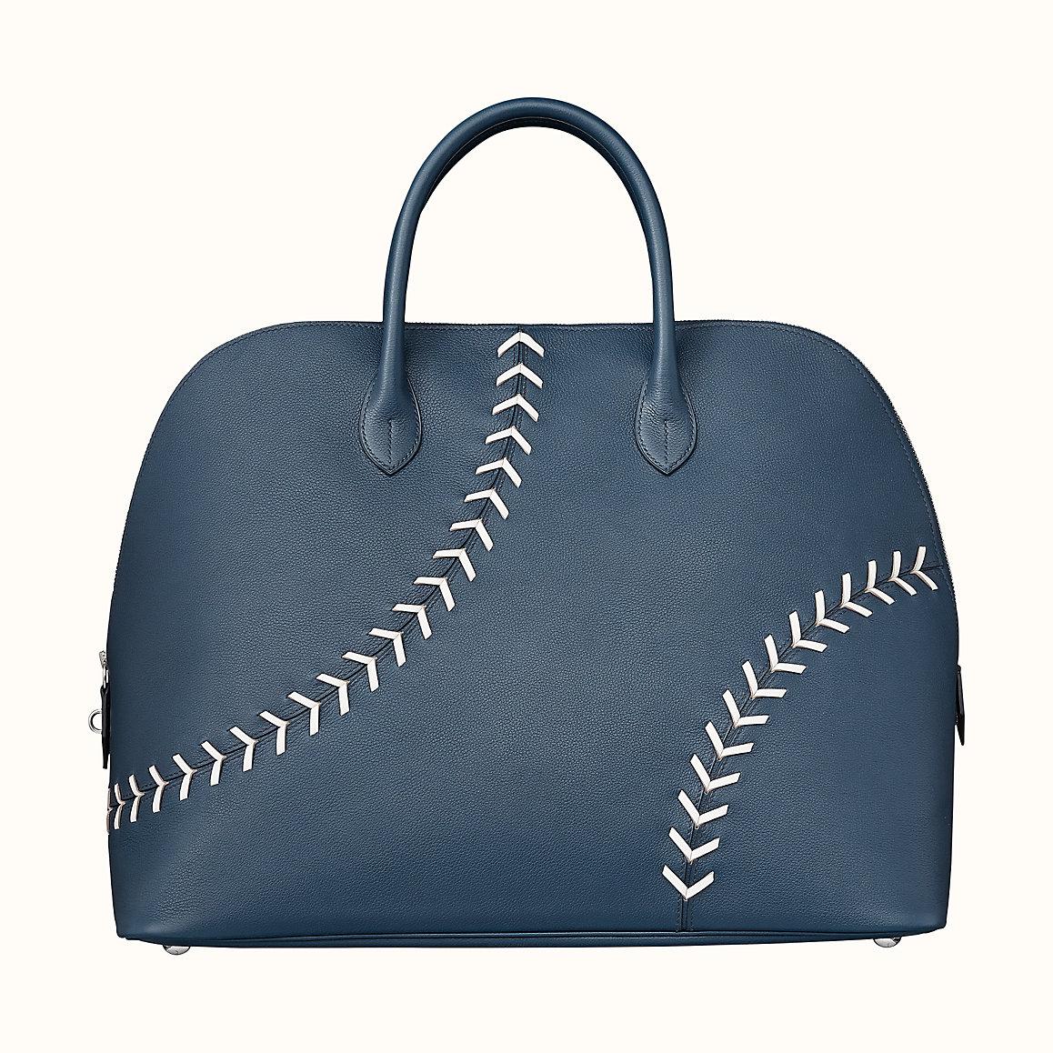 Purple Hermes NEW Blue White Leather Stitch Top Handle Satchel Carryall Travel Tote Bag For Sale