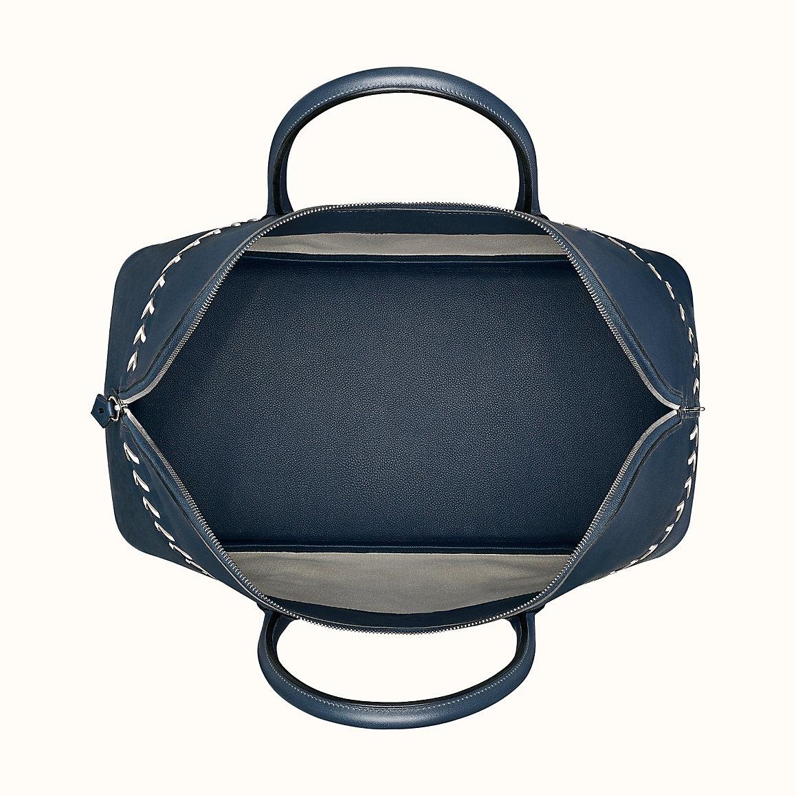 Women's or Men's Hermes NEW Blue White Leather Stitch Top Handle Satchel Carryall Travel Tote Bag For Sale