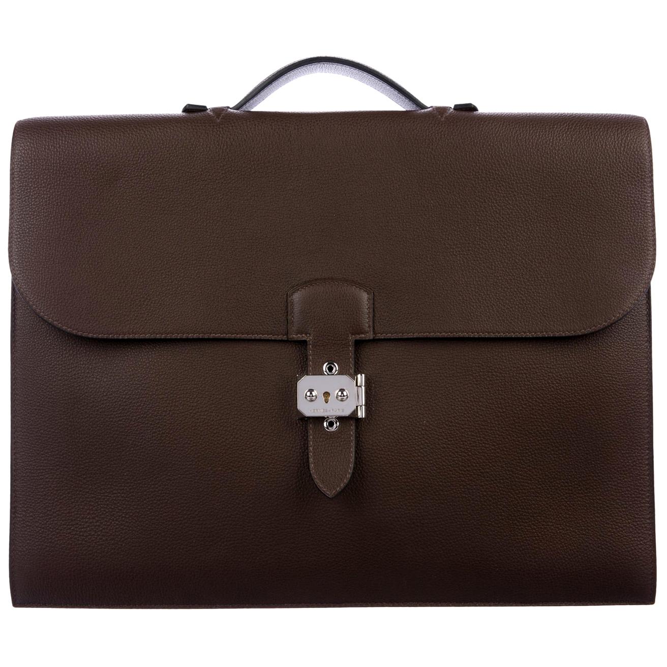 Hermes NEW Brown Leather Palladium Top Handle Satchel Business Briefcase