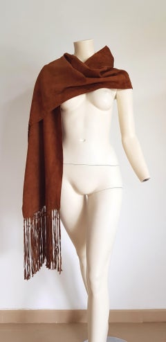 HERMES "New" Brown Suede Scarf with Fringes Silk Lined for Collector - Unworn