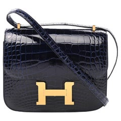 HERMES NEW Constance 18 Blue Alligator Exotic Gold Hardware Shoulder Flap Bag 