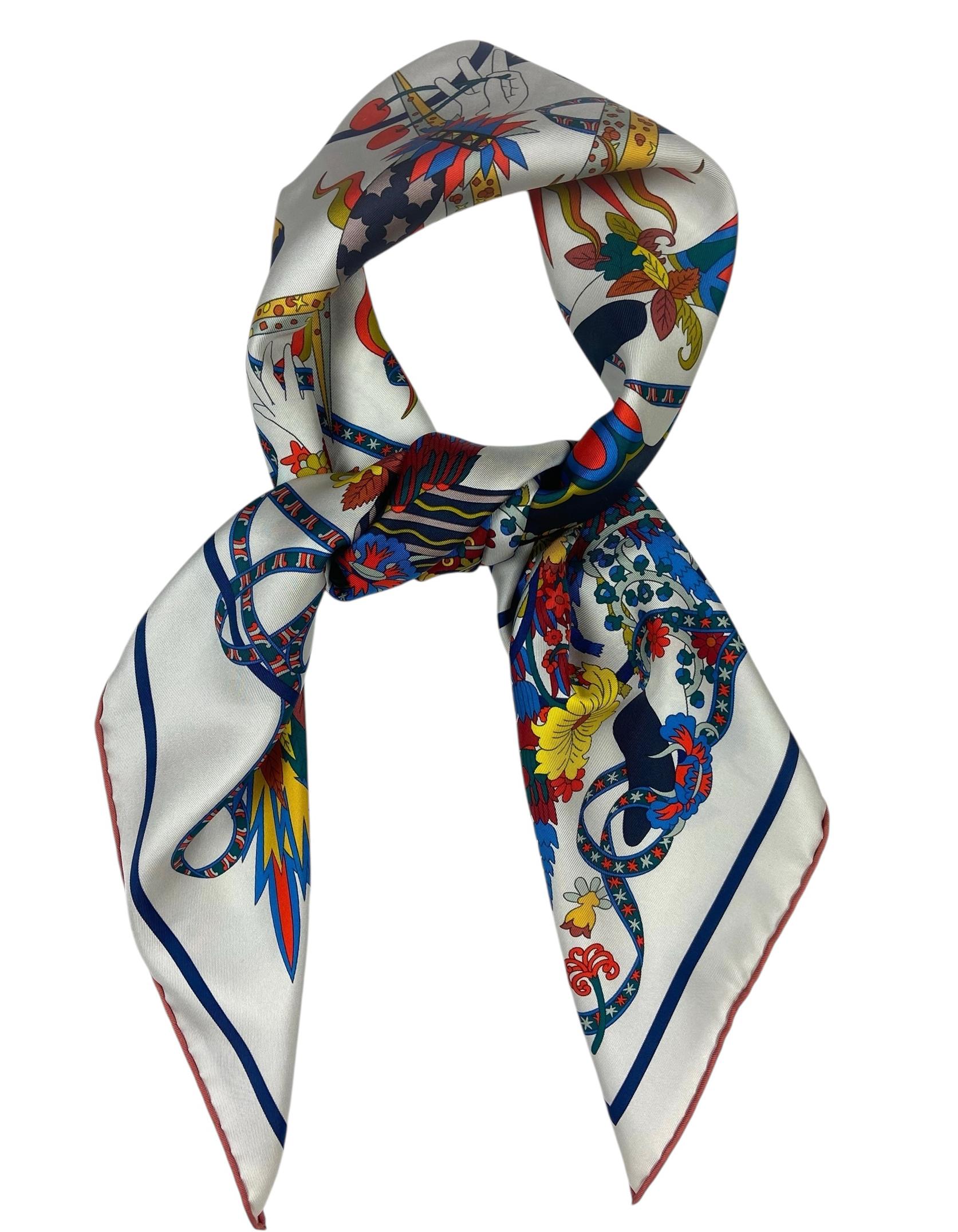 Gray Hermes NEW Craie/ Juane Soleil Le Sacre Des Saisons 90cm Silk Scarf For Sale