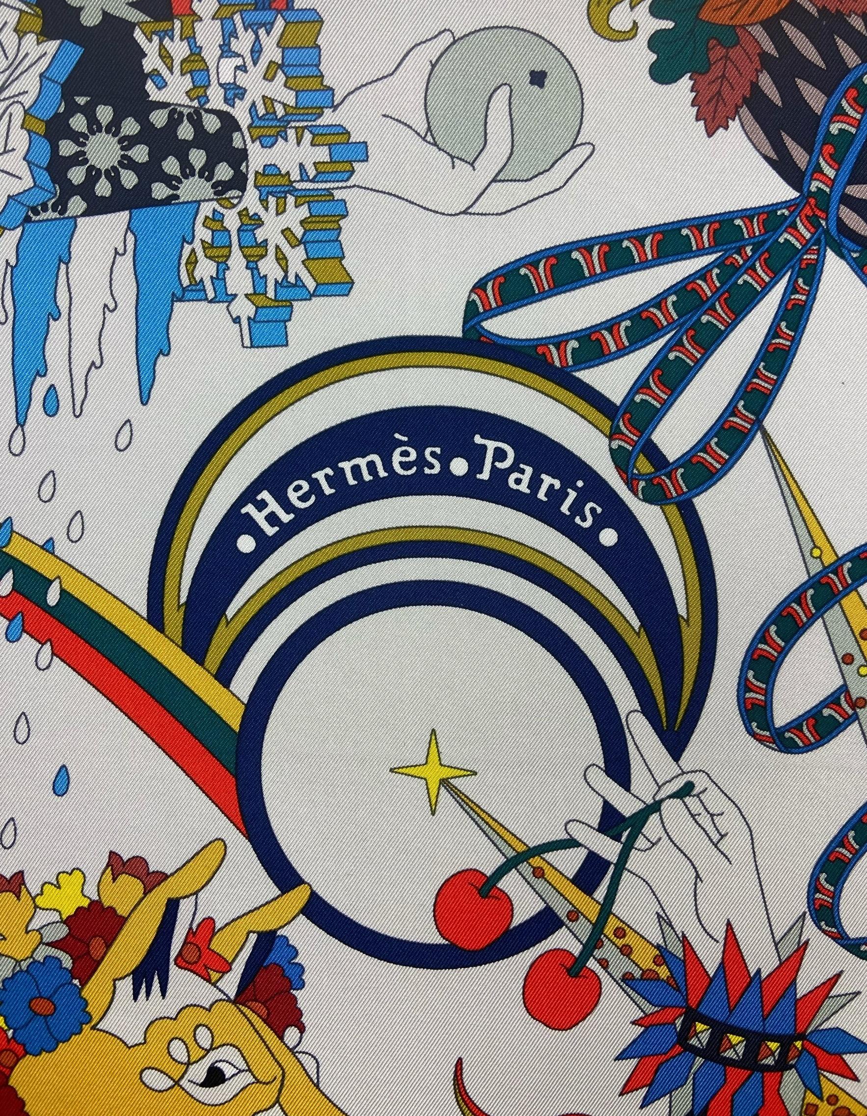 Hermes NEW Craie/ Juane Soleil Le Sacre Des Saisons 90cm Silk Scarf For Sale 1