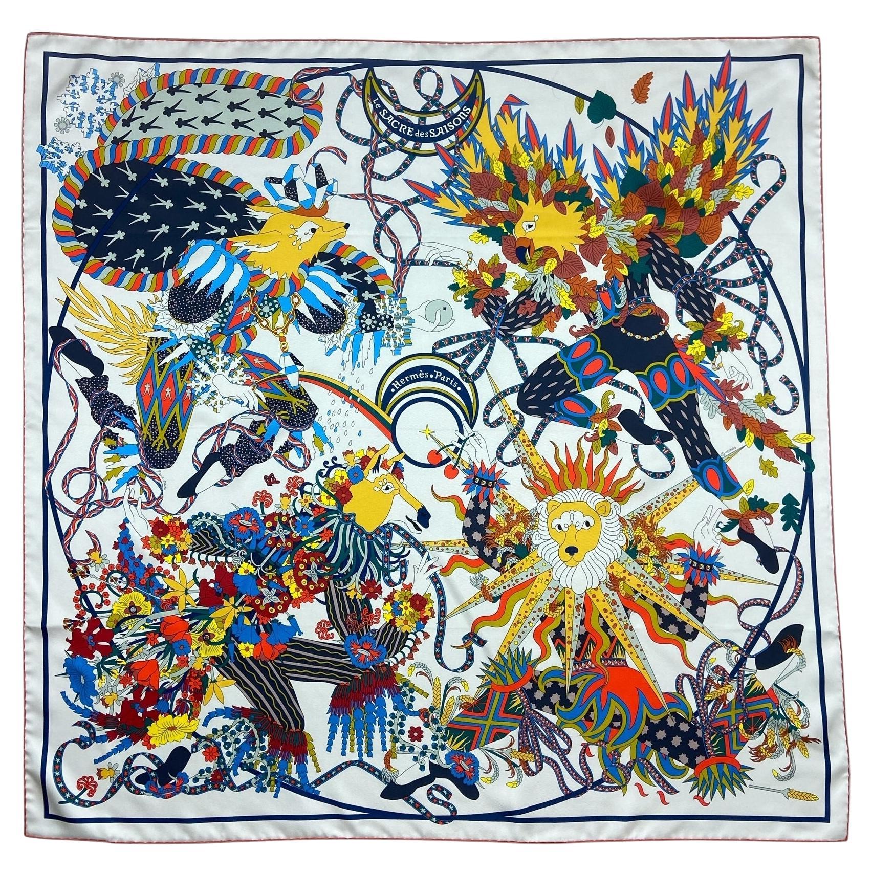 Hermes NEW Craie/ Juane Soleil Le Sacre Des Saisons 90cm Silk Scarf For Sale