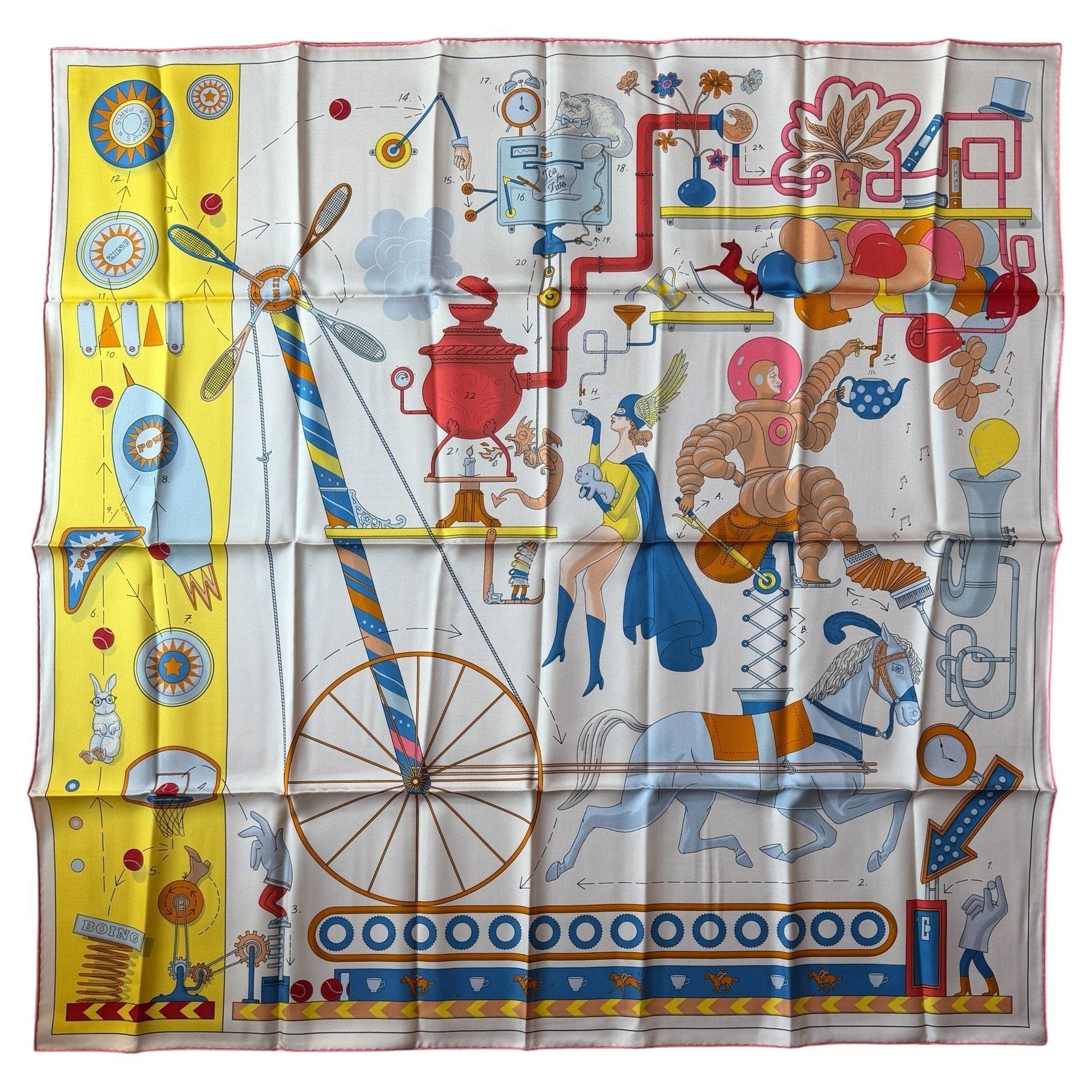 Hermes NEW Creme/ Jaune Vif/ Multicolor Tea for Two 90cm Silk Scarf For Sale