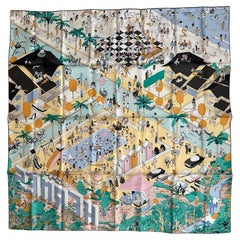 Hermes NEW Creme/ Menthol/ Ebene On the Beach Sciarpa di seta da 90 cm