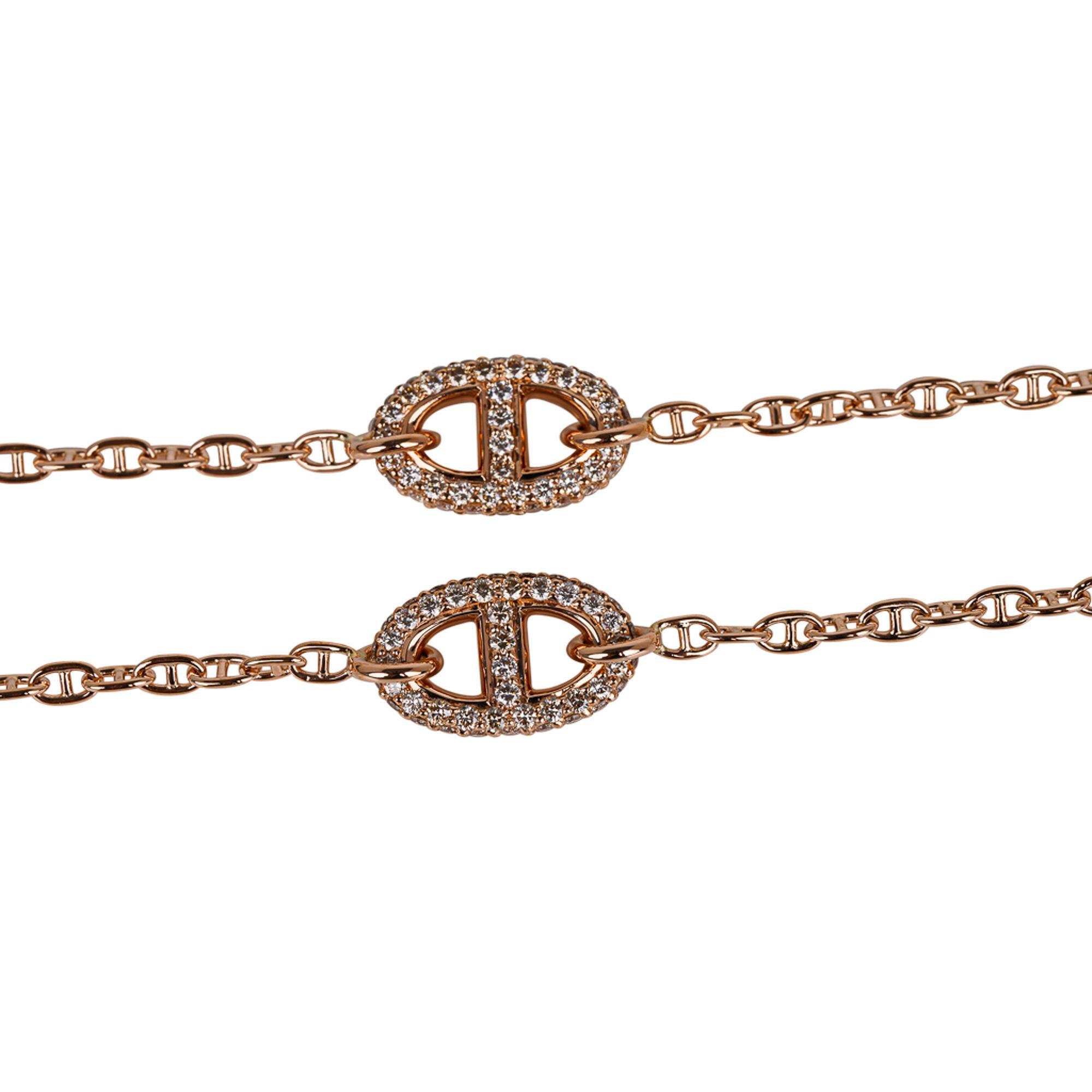 Mightychic offers an Hermes New Farandole necklace featured with Diamonds set in 18K Rose Gold.
Two diamond encrusted Chaine d'Ancre links and 3 smaller rose gold Chaine d'Ancre links.
Set with approximately 96 diamonds with 0.9ct total carat