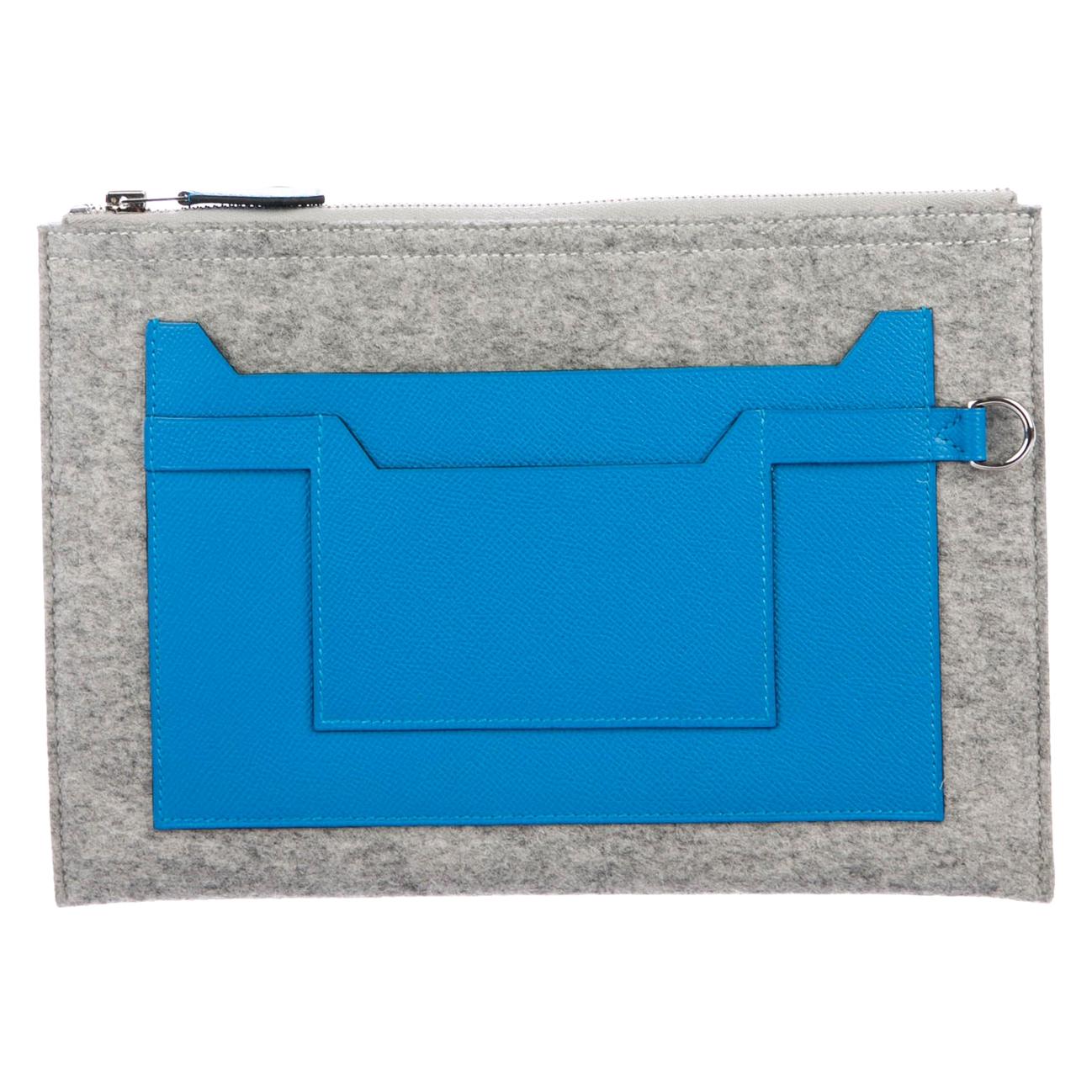 Hermes NEW Gray Wool Felt Blue Leather Evening Travel Cosmetic Clutch Bag