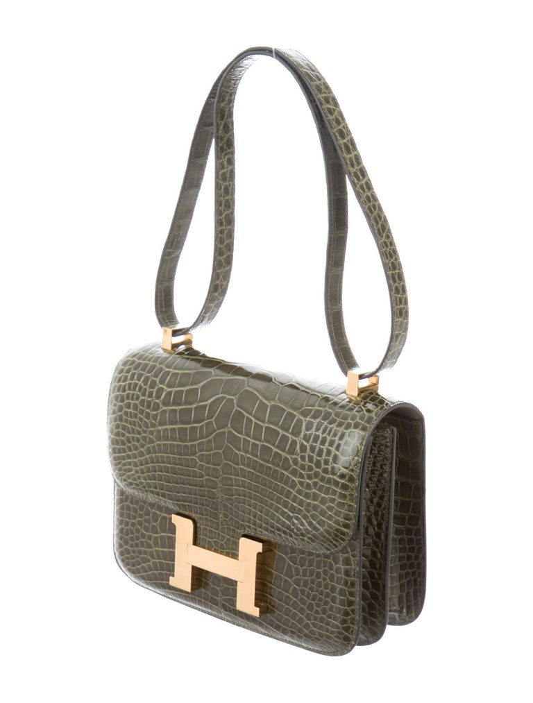Hermes NEW Green Alligator Gold Top Handle Satchel Shoulder Flap Bag in ...