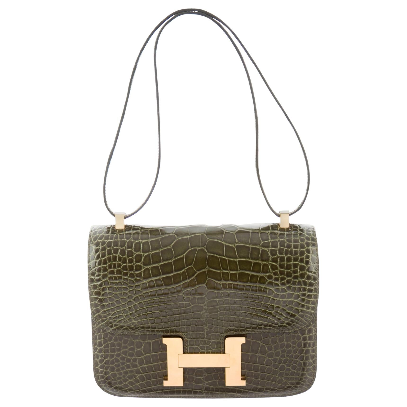Hermes NEW Green Alligator Gold Top Handle Satchel Shoulder Flap Bag in Box