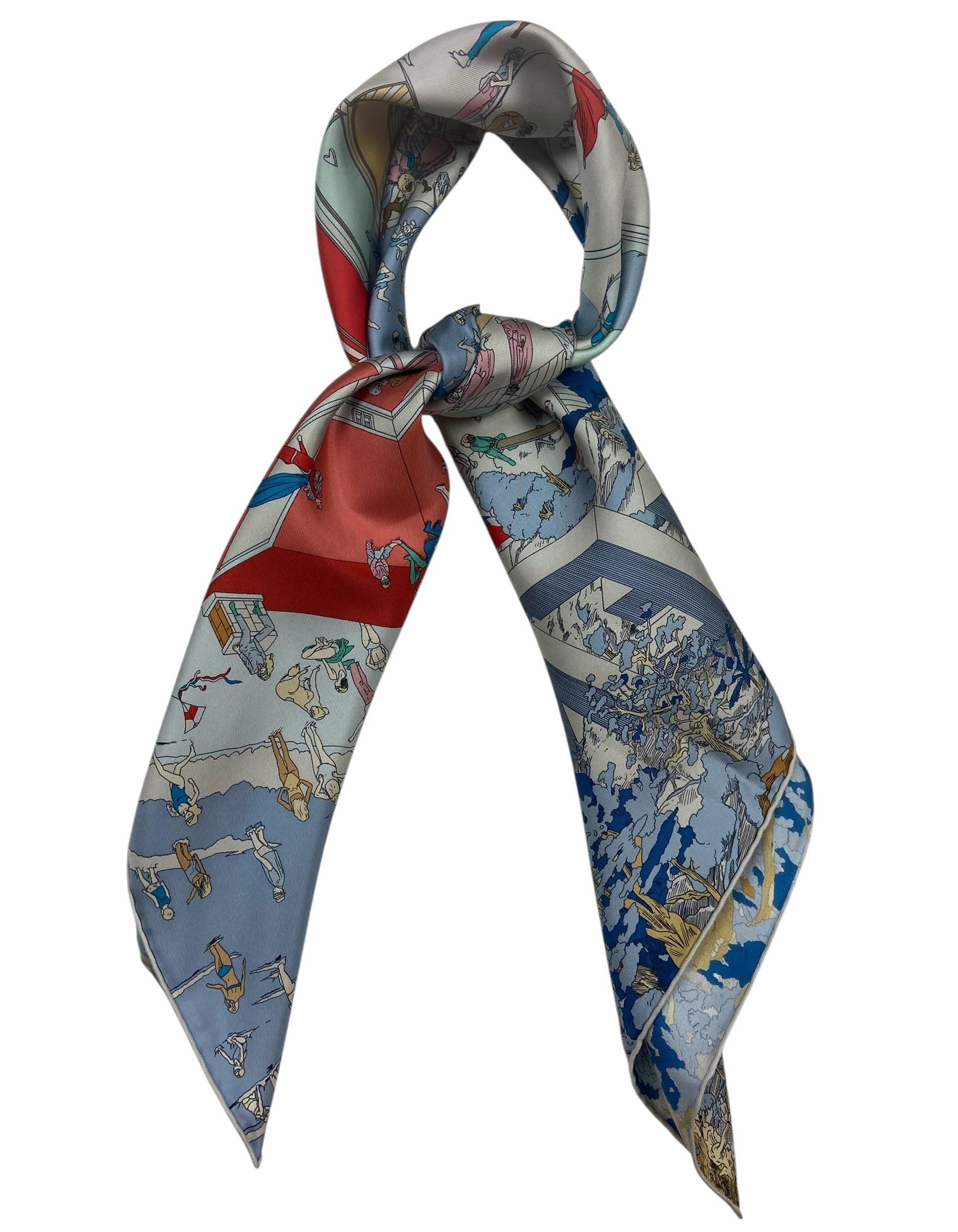 Gray Hermes NEW Gris Argent/ Bleu/ Grenadine Hermes on the Beach 90cm Silk Scarf For Sale
