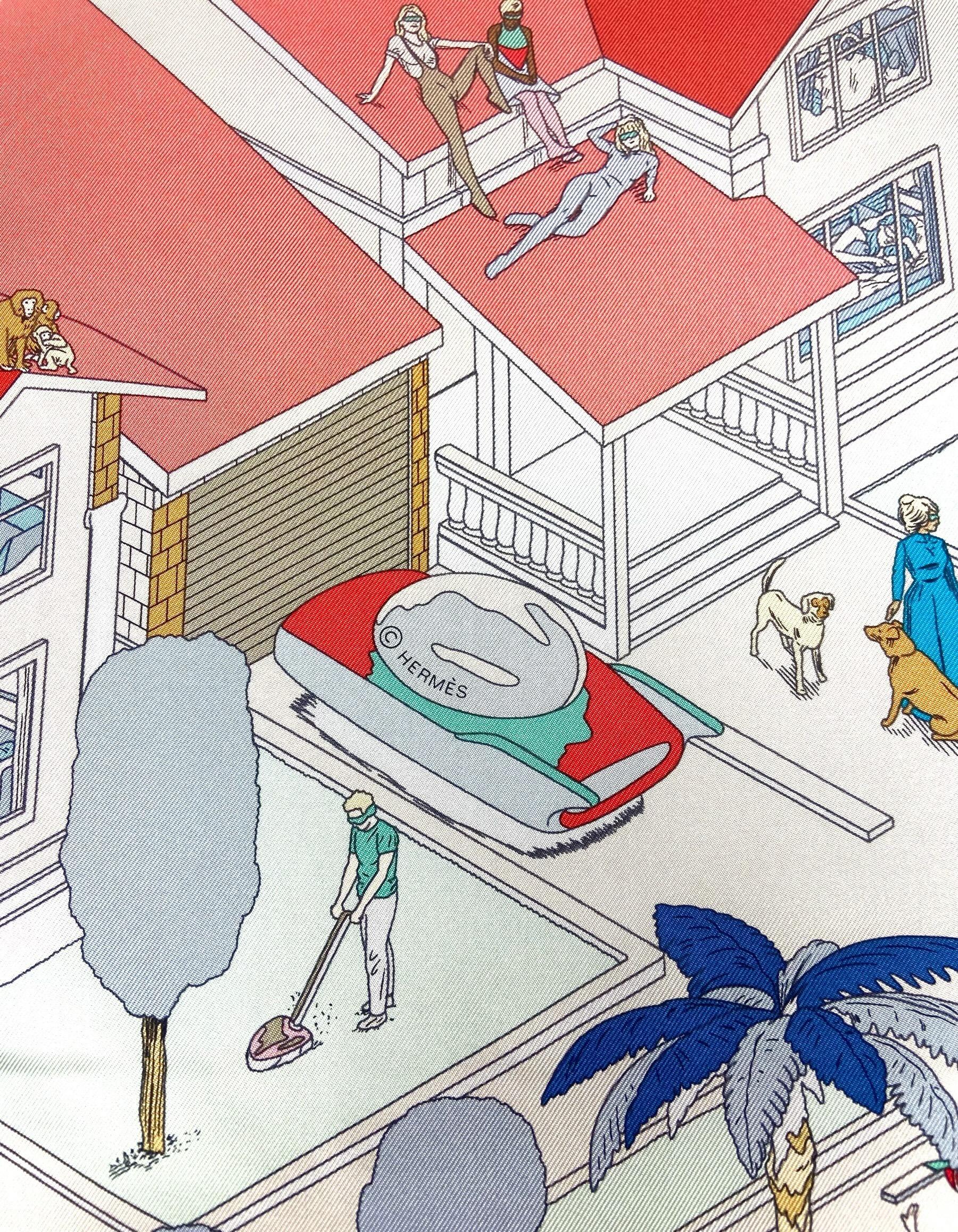 Women's or Men's Hermes NEW Gris Argent/ Bleu/ Grenadine Hermes on the Beach 90cm Silk Scarf For Sale