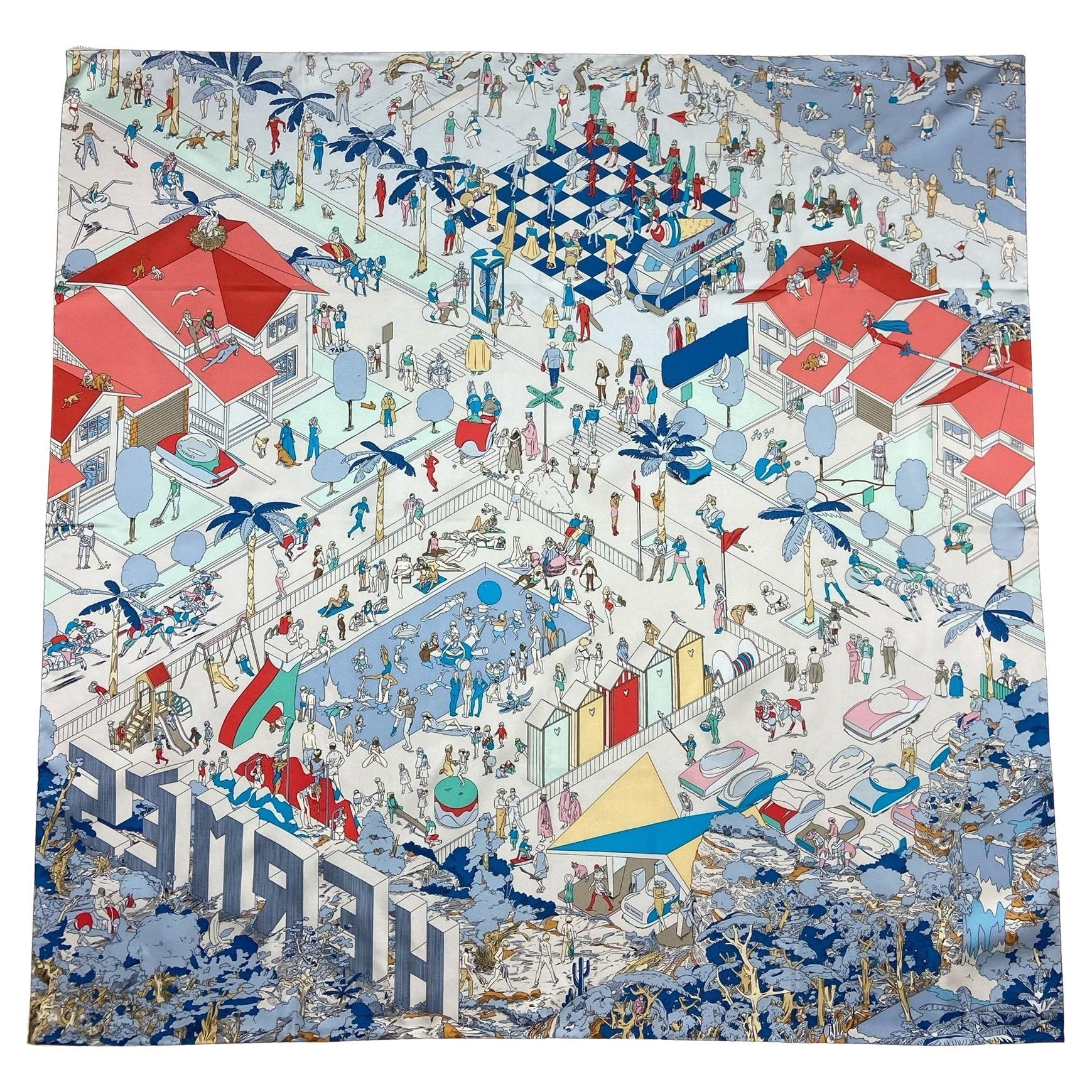 Hermes NEW Gris Argent/ Bleu/ Grenadine Hermes on the Beach 90cm Silk Scarf For Sale
