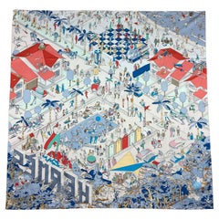 Hermes NEW Gris Argent/ Bleu/ Grenadine Hermes on the Beach 90cm Silk Scarf