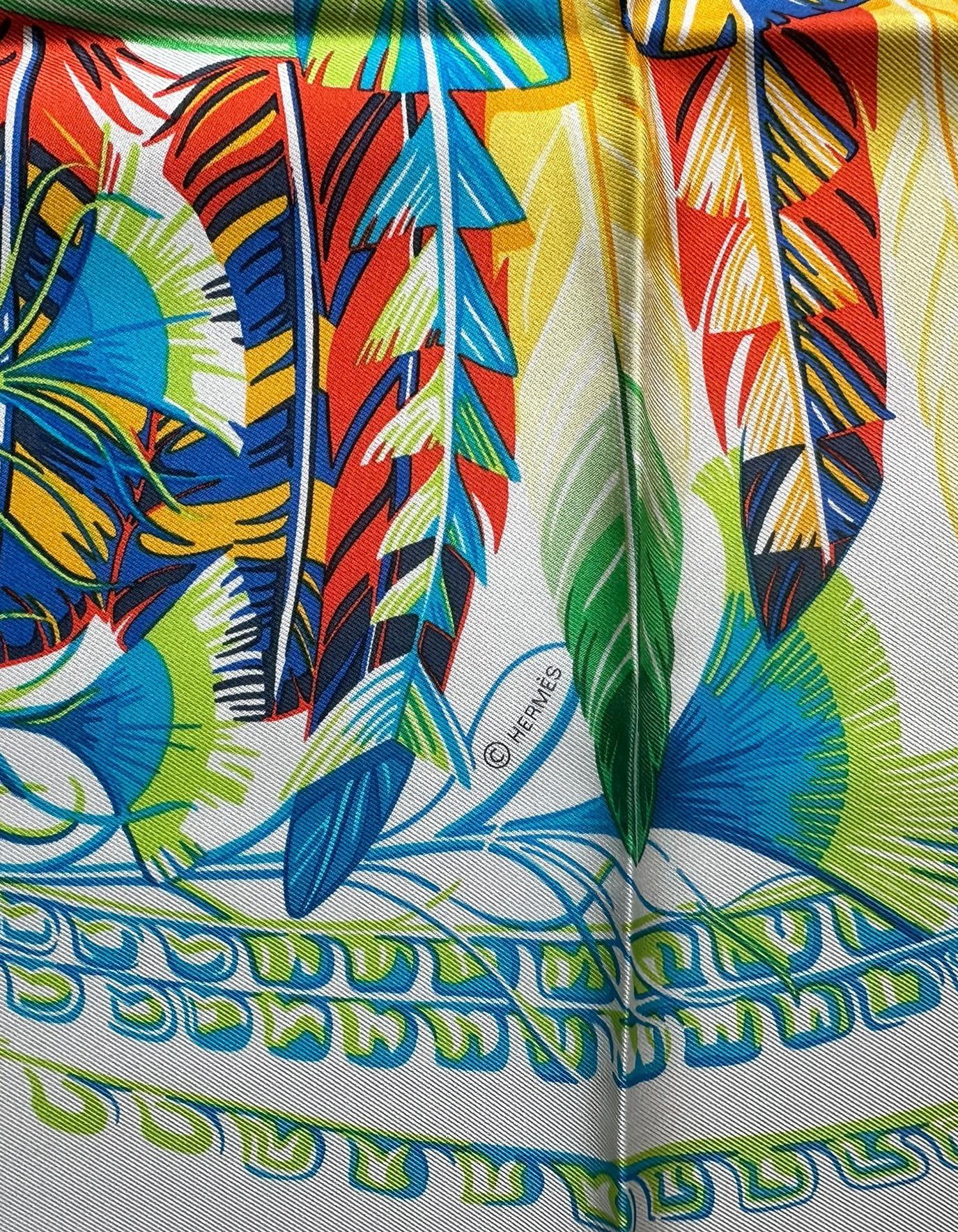 De las mujeres Pañuelo de seda Hermes NEW Gris Argent, Vert, Jaune Danse Pacifique 90cm