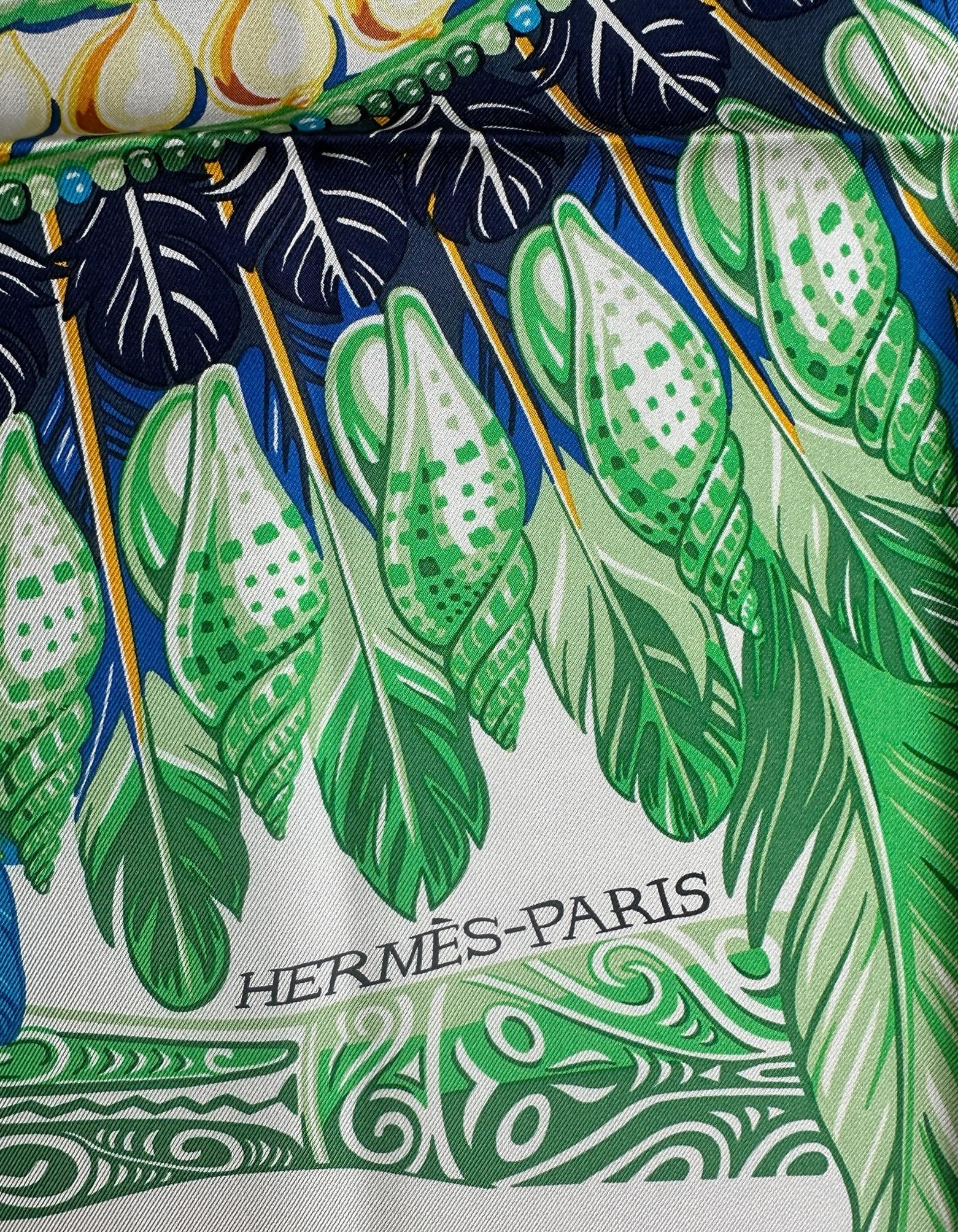 Pañuelo de seda Hermes NEW Gris Argent, Vert, Jaune Danse Pacifique 90cm 2