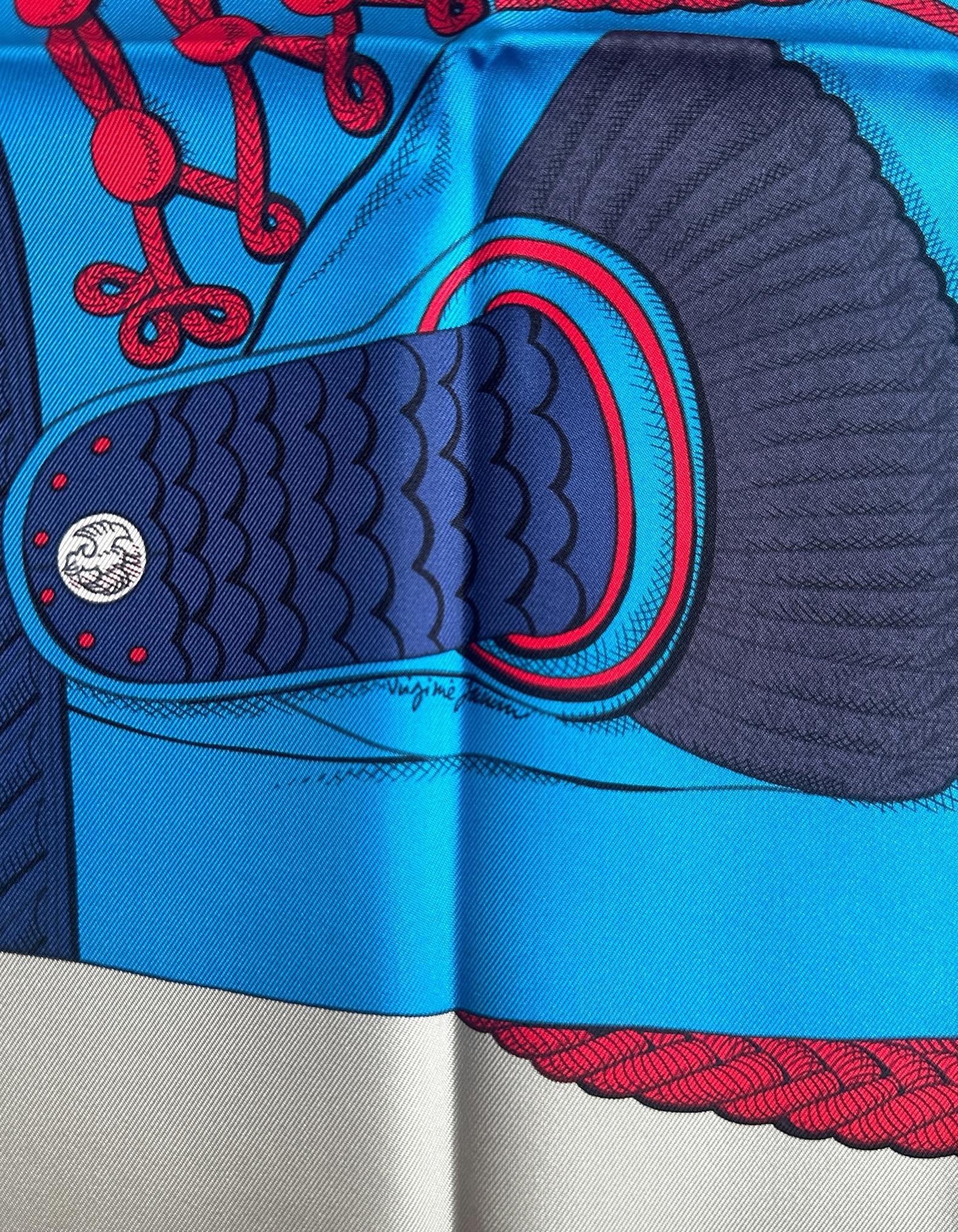 Donna Hermes NUOVO Gris/Bleu Cobalt Zouaves Et Dragons 90cm Sciarpa di Seta in vendita