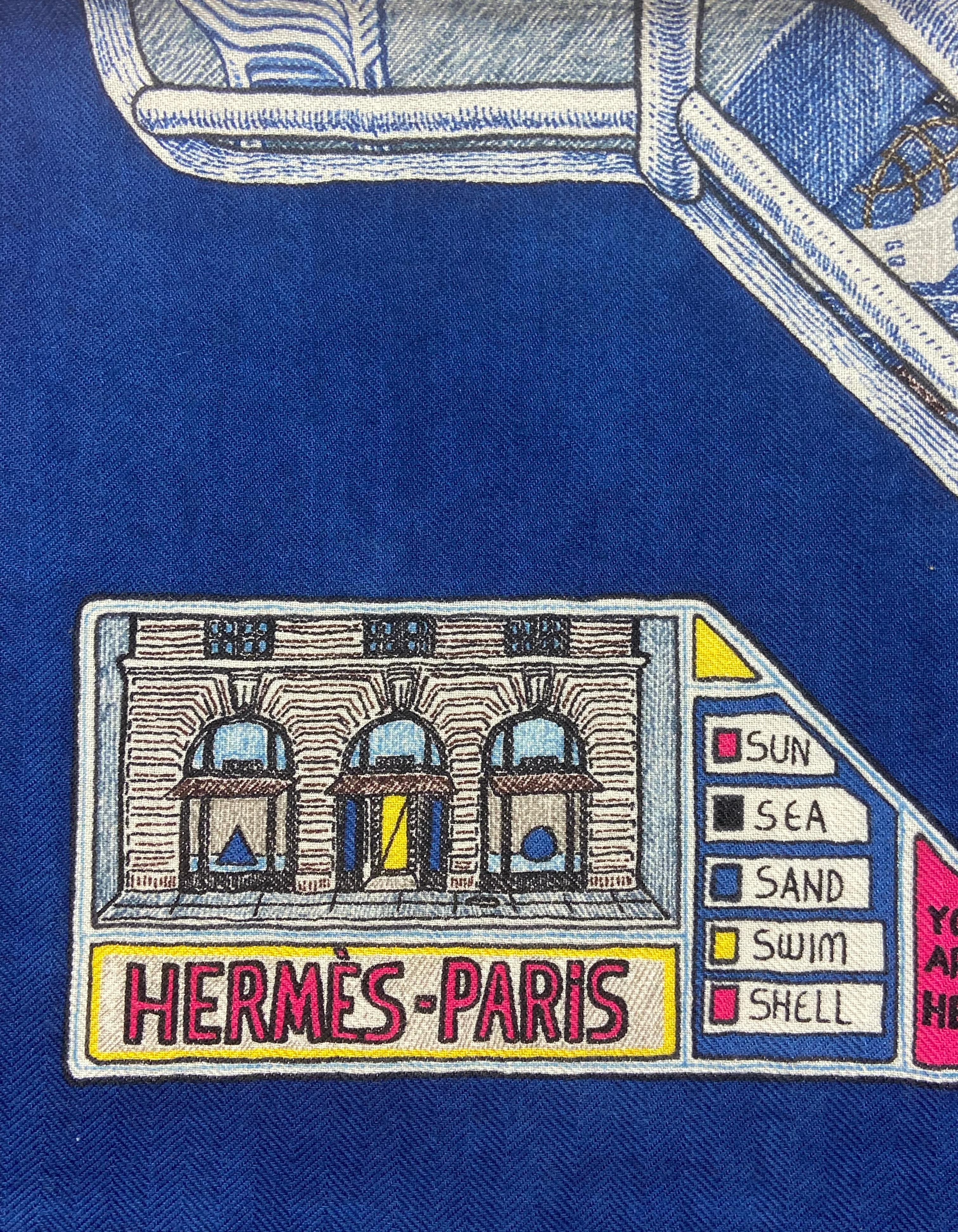 Hermes NEW Gris Chine/Marine Ferry Tales 100cm Silk/ Cashmere Scarf designed by Elias Kafouros

Made In: France
Color:  Gris Chine/Marine
Materials: 70% cashmere and 30% silk 
Overall Condition: New condition with original tag attached. This item