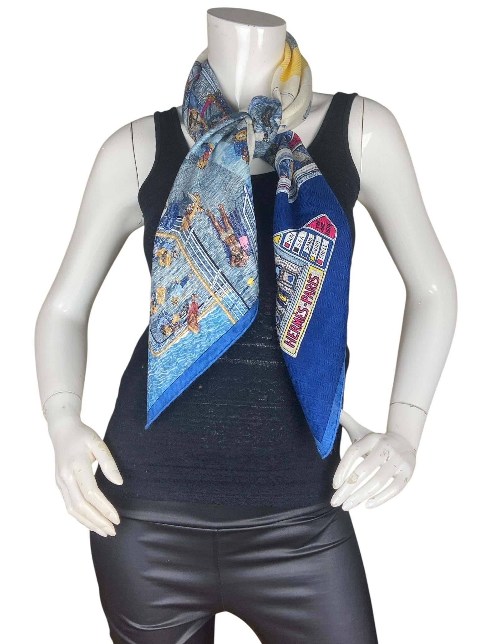 Gray Hermes NEW Gris Chine/Marine Ferry Tales 100cm Silk/ Cashmere Scarf For Sale