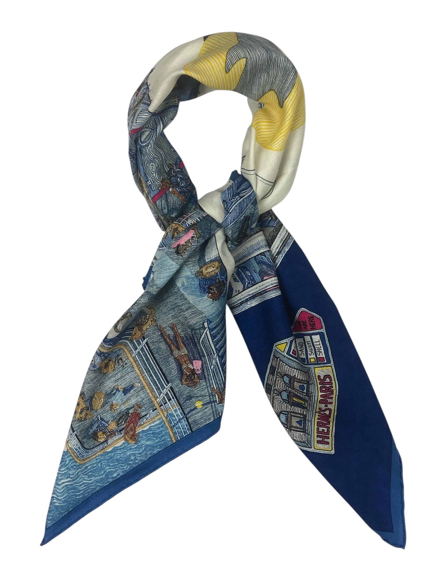 Women's Hermes NEW Gris Chine/Marine Ferry Tales 100cm Silk/ Cashmere Scarf For Sale