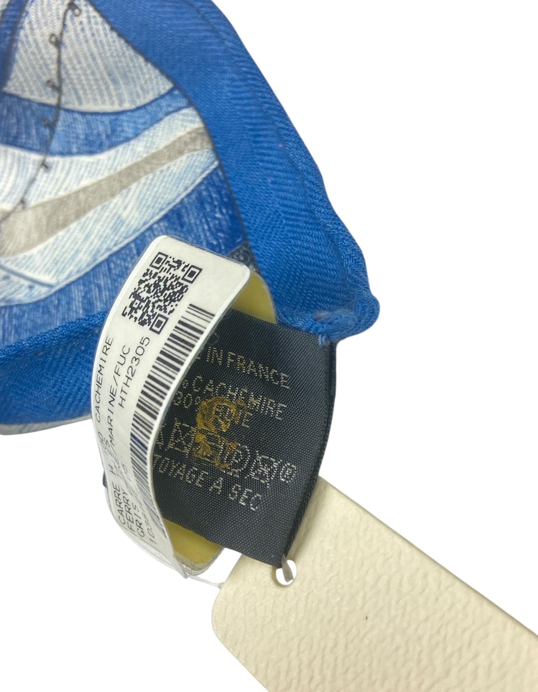 Hermes NEW Gris Chine/Marine Ferry Tales 100cm Silk/ Cashmere Scarf For Sale 1