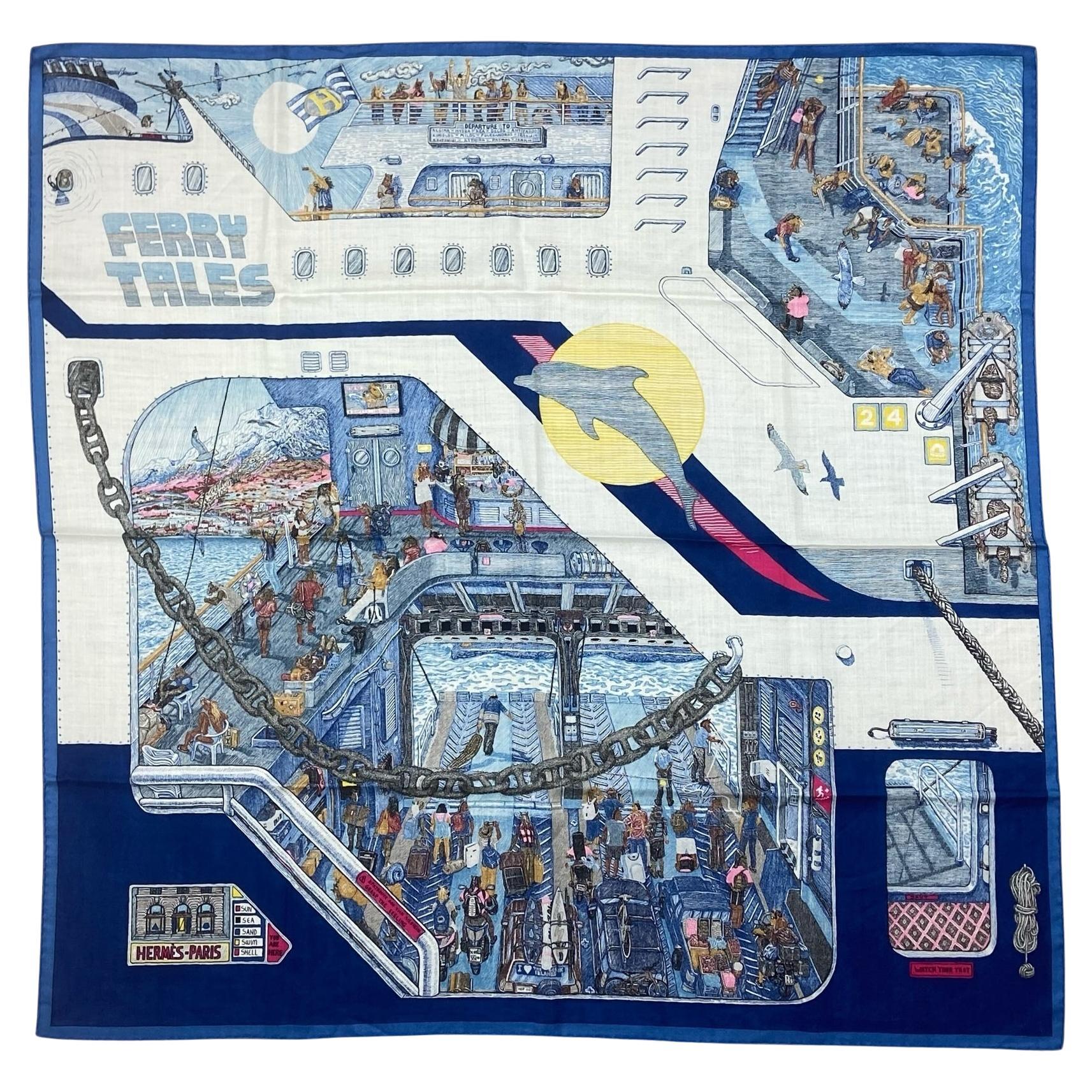 Hermes NEW Gris Chine/Marine Ferry Tales 100cm Silk/ Cashmere Scarf For Sale