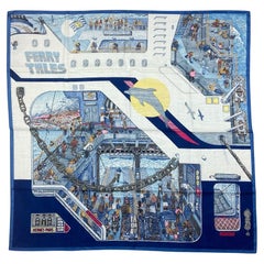 Hermes NEW Gris Chine/Marine Ferry Tales 100cm Silk/ Cashmere Scarf