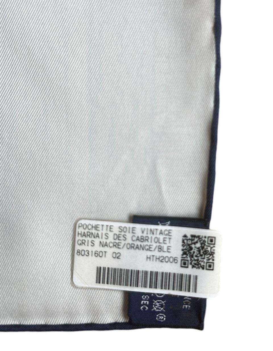 Women's or Men's Hermes NEW Gris Nacre/ Orange/ Blue Harnais de Cabriolet Pocket Square Scarf