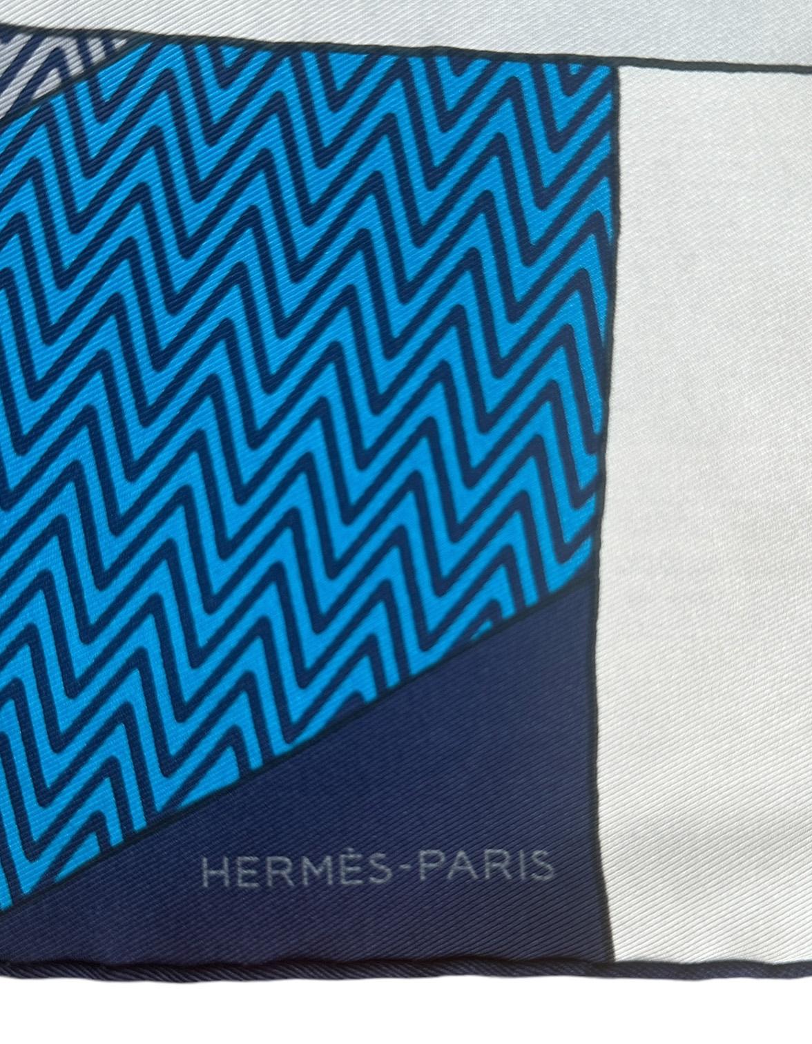 Hermes NEW Gris Nacre/ Orange/ Blue Harnais de Cabriolet Pocket Square Scarf 3