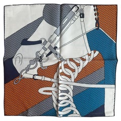 Hermes NEW Gris Nacre/ Orange/ Blue Harnais de Cabriolet Pocket Square Scarf