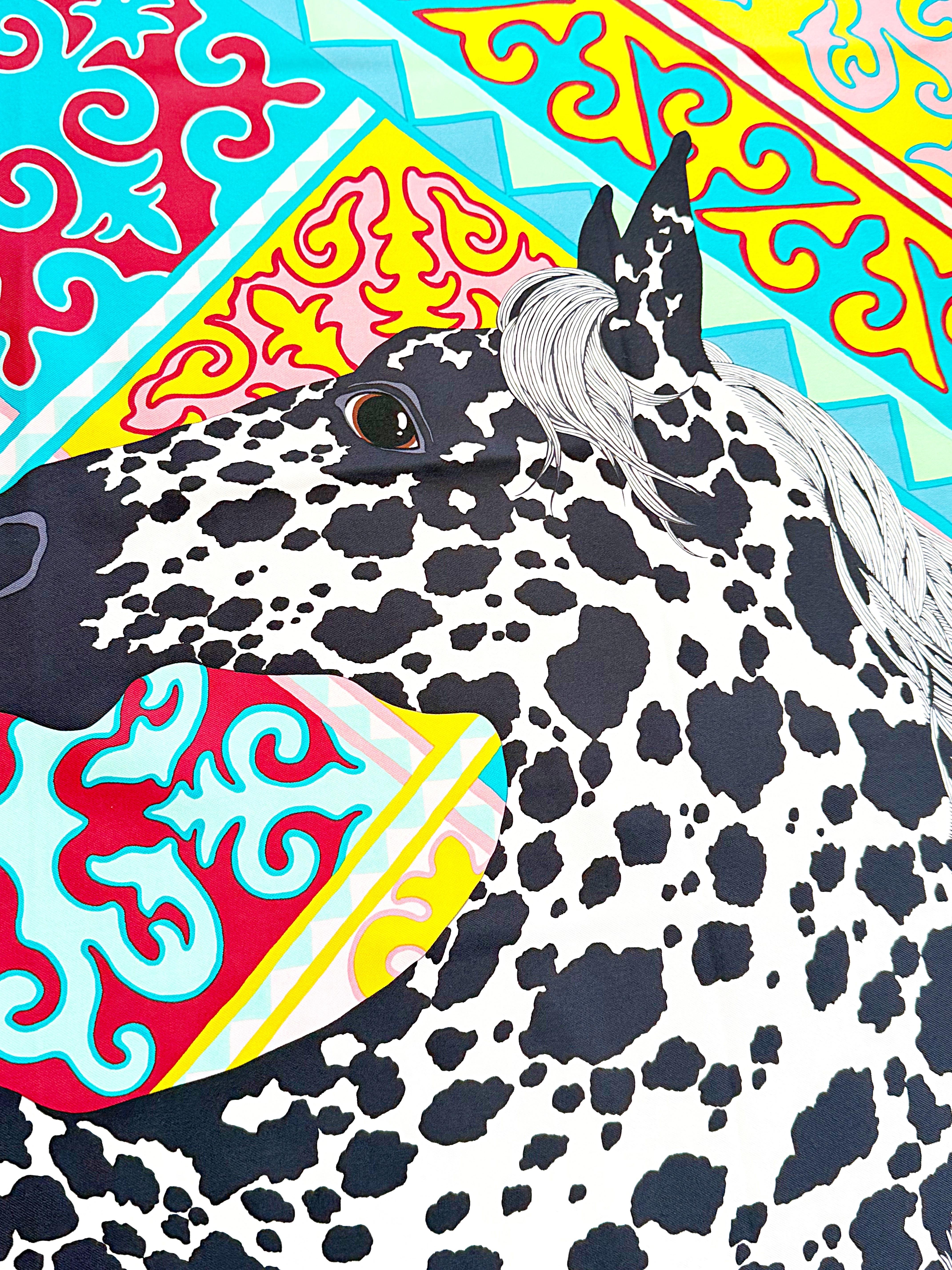 Beige Hermes New in Box Appaloosa Des Steppes 90cm by Alice Shirley Rare Silk Scarf
