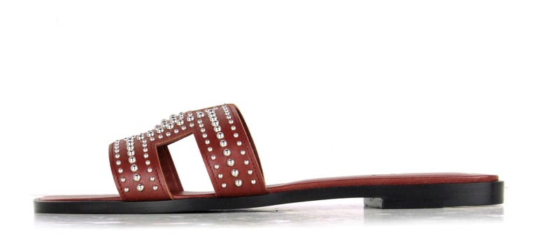 Hermes NEW IN BOX Rouge Tomette Oran Studs Slide Sandals sz 37.5