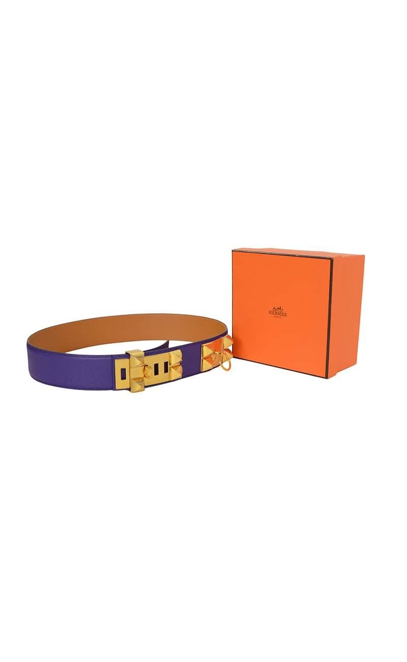 Hermes New Iris Purple Leather Collier De Chien CDC Belt w. Gold Hardware sz 85 In Excellent Condition In New York, NY