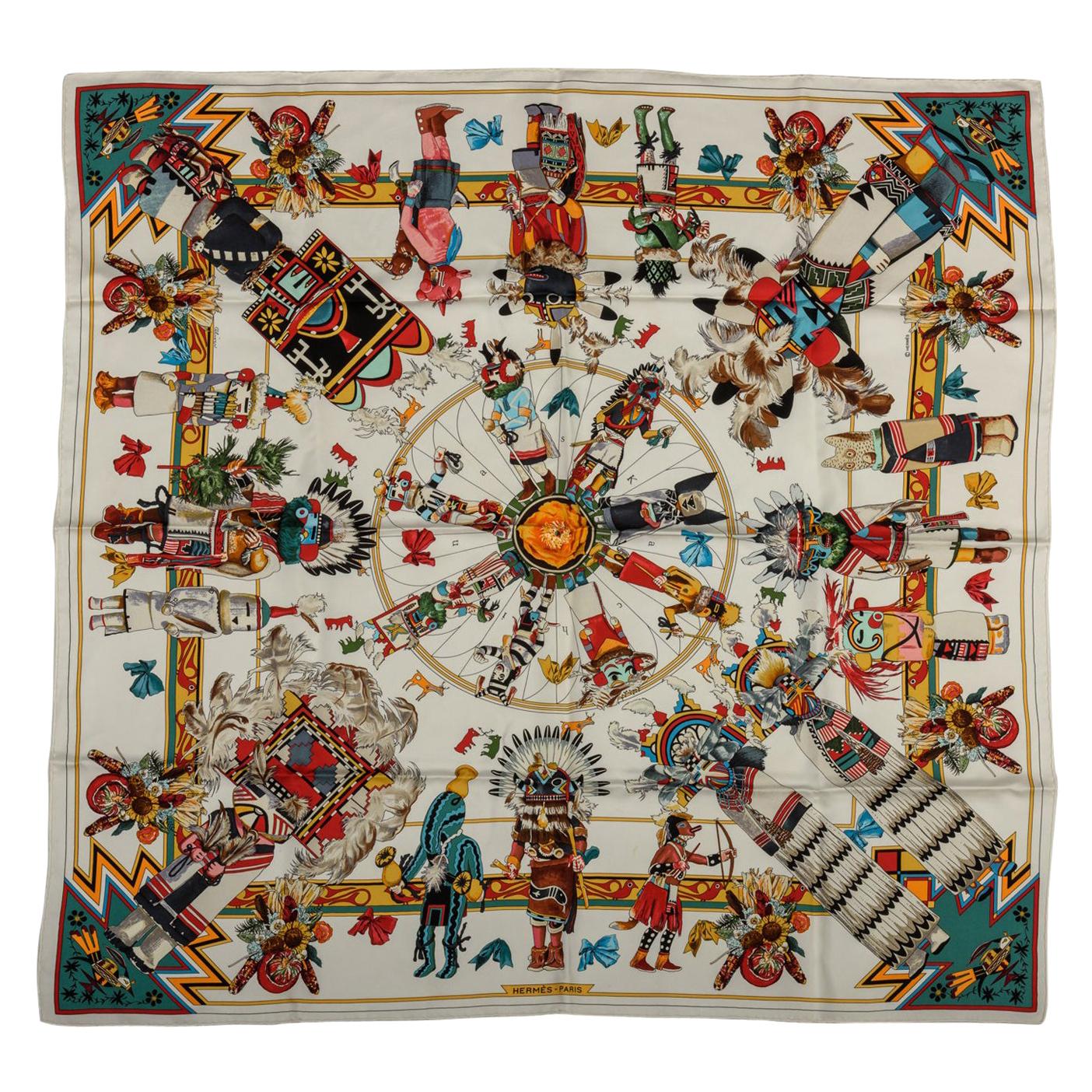 Hermes NEW Kachinas White Silk Scarf by Kermit Oliver For Sale