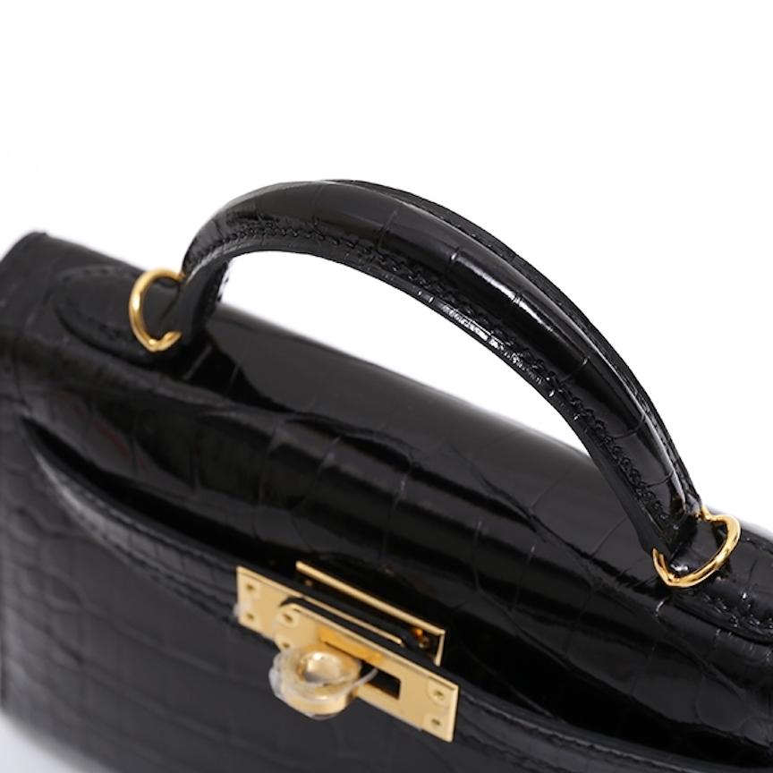 Hermes NEW Kelly 20 Mini Black Alligator Gold Top Handle Satchel Shoulder Bag 1