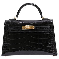 Hermes NEW Kelly 20 Mini Black Alligator Gold Top Handle Satchel Shoulder Bag