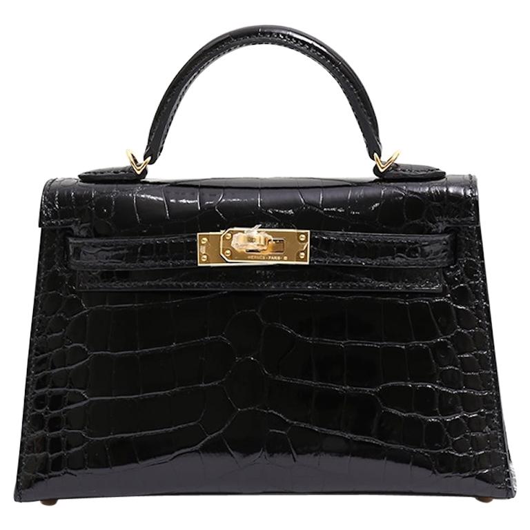 Hermes NEW Kelly 20 Mini Black Alligator Gold Top Handle Satchel