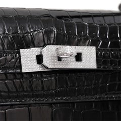 Hermes NEW Kelly 25 Black Crocodile Diamond White Gold Top Handle Satchel Bag