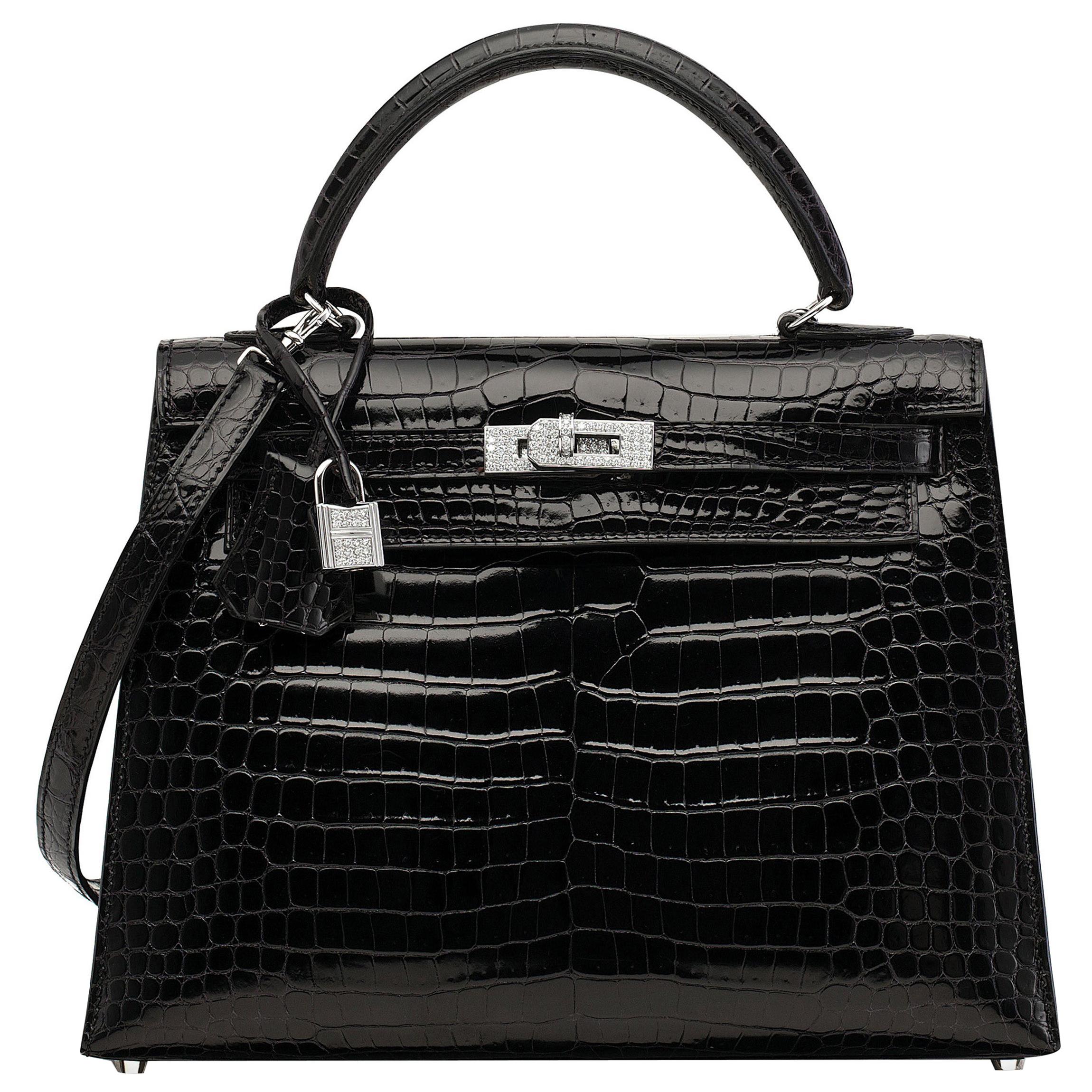 Hermes Kelly 25 Black Croc Touch Bag For Sale at 1stDibs