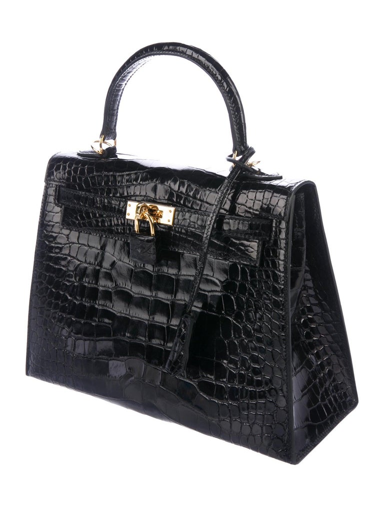 Hermes NEW Kelly 25 Black Leather Alligator Top Handle Tote Shoulder
